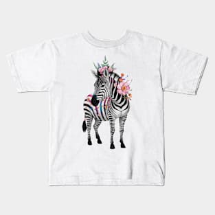 Floral Zebra - Botanical Stripes Artwork Kids T-Shirt